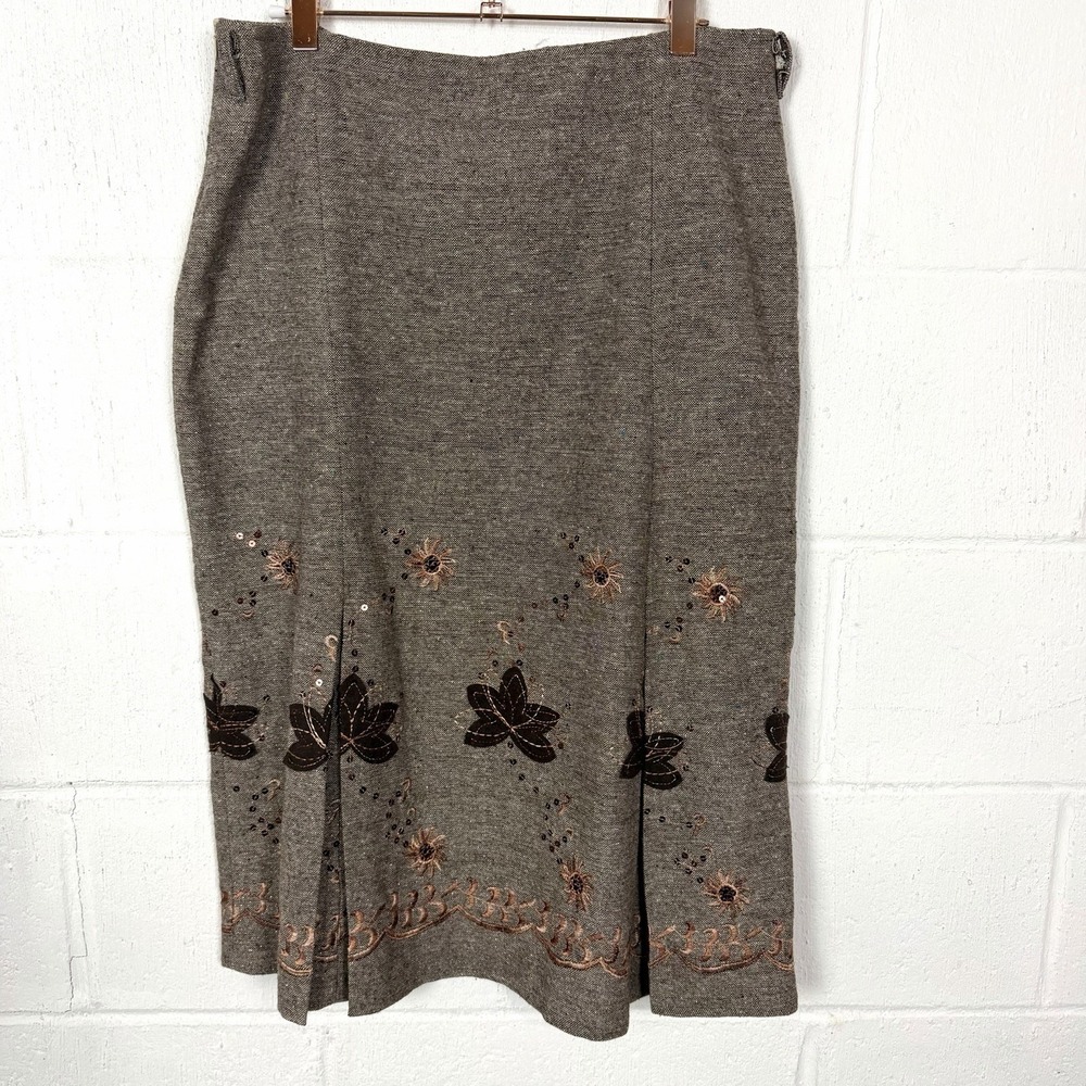 Womens Pleated Midi Skirt SZ 12 Brown Embroidery Sequins Celestial Academia Twee - Picture 10 of 14